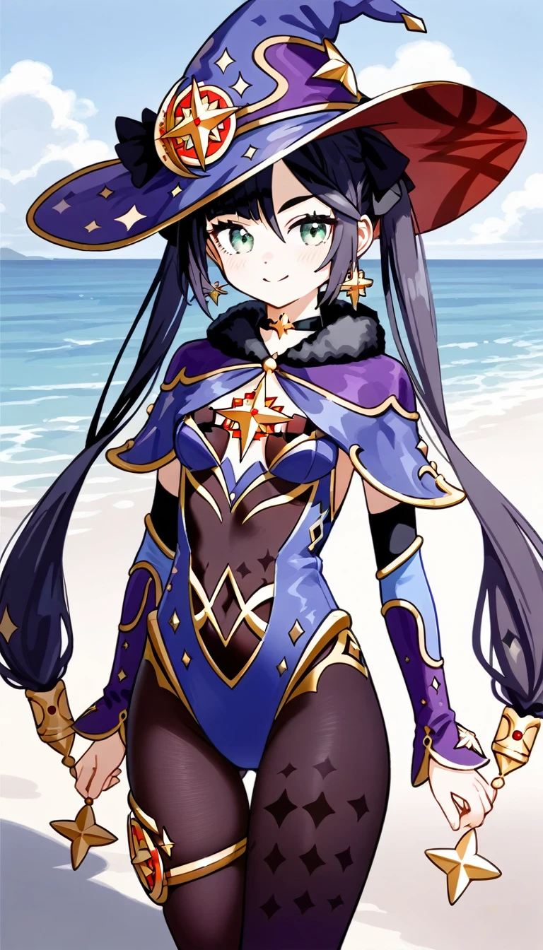 masterpiece,Ultra HD,score_9, score_8_superior, score_7_superior, score_6_superior,score_4_superior BREAK source_anime,可愛いanimeイラスト, One girl, alone, Mona XL, Long black hair, Green Eyes, tsurime, Twin tails, Medium chest, Witch Hat, Body stockings, leotard, Elbow hand pockets, Thigh guard, fur-trimmed capelet,beach,View your viewers,smile,Swimming in the sea