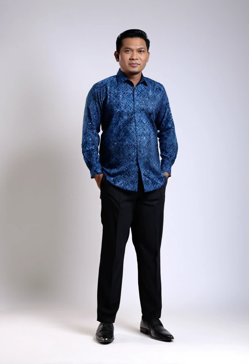 A portrait of an Indonesian man, 35 years old, 173 cm height, standing pose, full body, his body is a little fat, wearing blue batik shirt, black formal trousers and formal shoes, facing the camera, Use white lighting. super hd, realistic, 8k