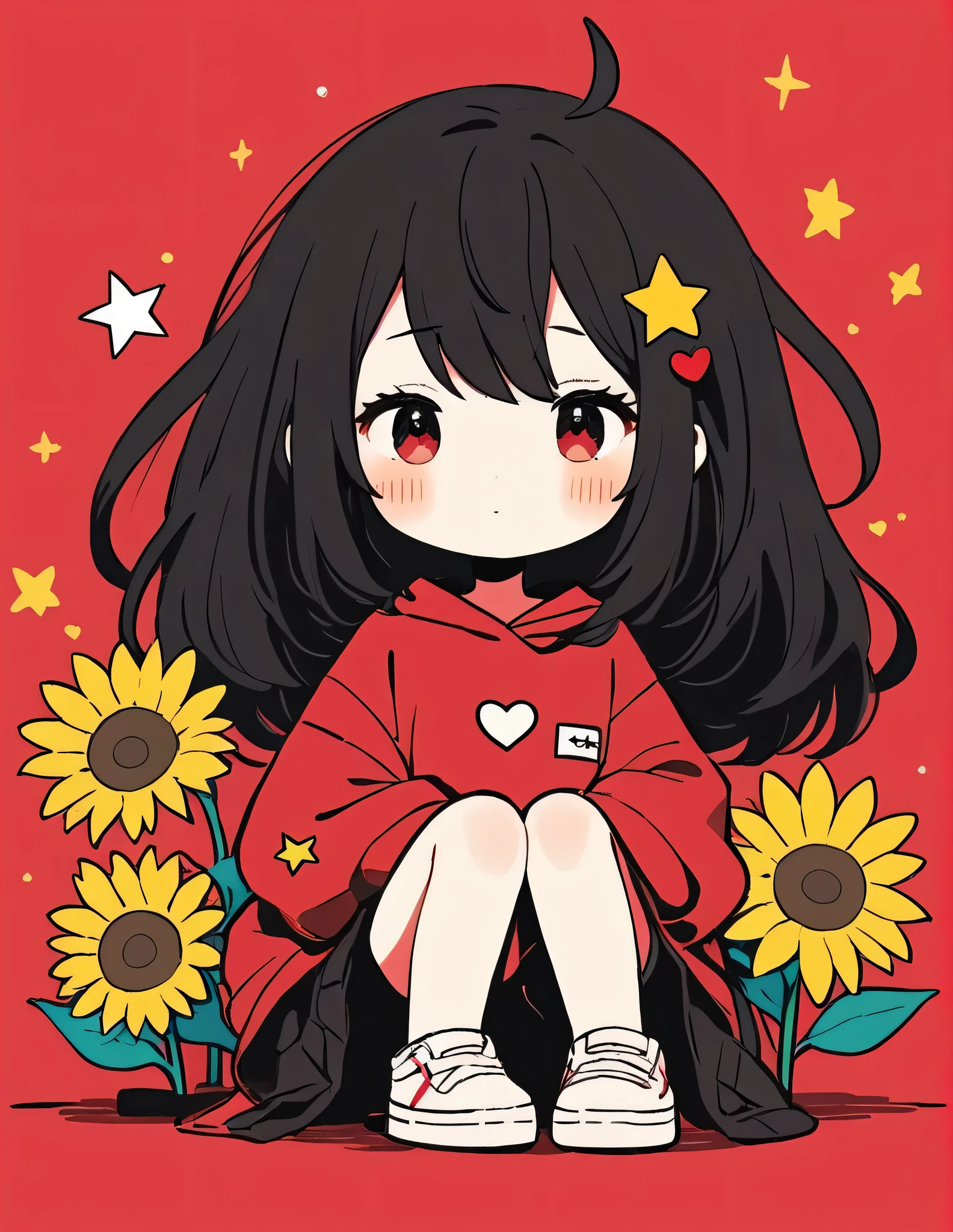 Black Star Red and White style, Simple Line Initialism,Abstract art,Kawaii Design, The most beautiful girl of all time、chibi, The background is star dust, colorful hearts, sunflowers, (((nap)))
