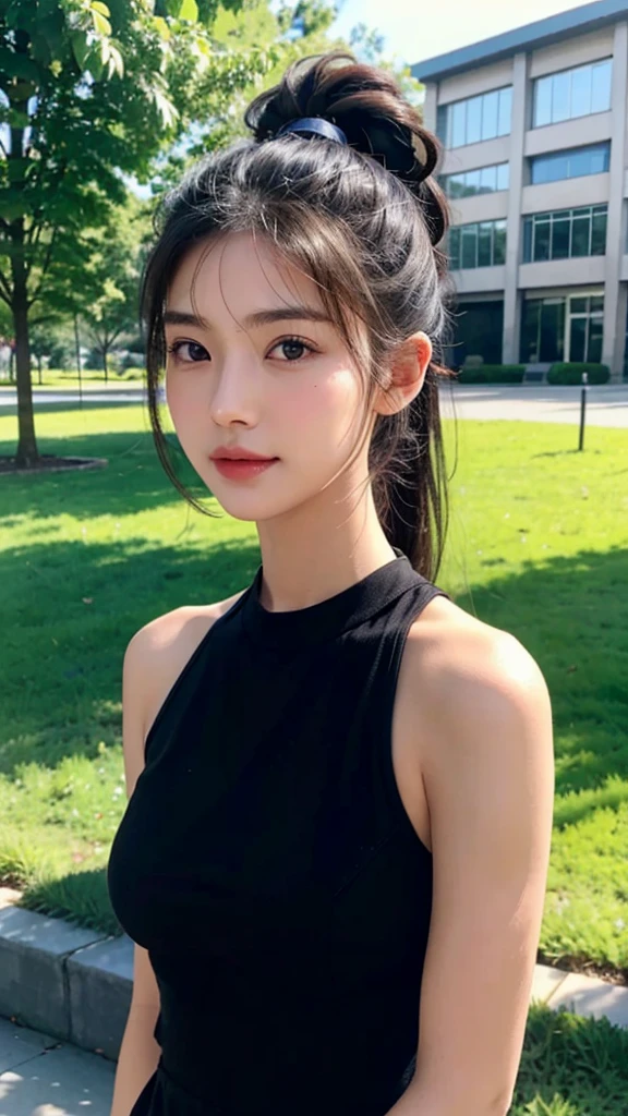dress,outdoors,Urban Park,On the lawn,One woman,close up face,fully body photo,masutepiece, The highest image quality, High quality, the background is clear，Beautiful woman, Japanese, Detailed, Ultra-detailed, finely detail, hight resolution, 8K Wallpaper, Perfect dynamic composition, Beautiful detailed eyes ,Detailed eyes, Detailed skin, Beautiful skin, 超hight resolution, (reality: 1.4),Very beautiful woman, Slightly younger face, Beautiful skin, slender, (Ultra photo realsisim), (hight resolution), (8K), (Very detailed) (beautifully detailed eyes), (super detailed),   (Detailed face), view the viewer, Fine details, Detailed face, Staring straight ahead, Staring straight ahead, photos realistic, Bright lighting, Professional Lighting, Black hair,poneyTail,a baby face,sixteen years old,Hairstyle: ponytail,Long ponytail hairstyle,slight smile,