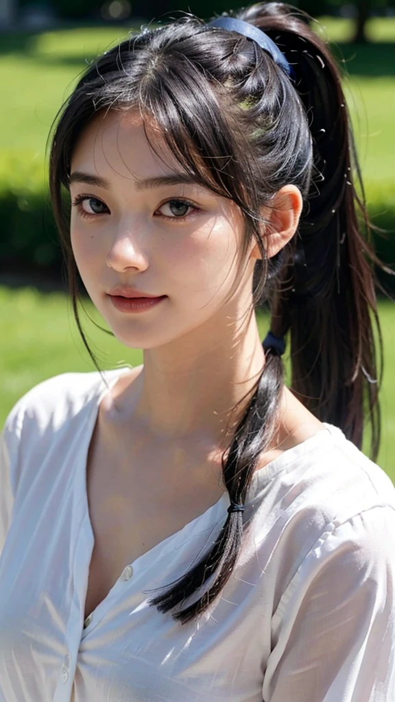 dress,outdoors,Urban Park,On the lawn,One woman,close up face,fully body photo,masutepiece, The highest image quality, High quality, the background is clear,Beautiful woman, Japanese, Detailed, Ultra-detailed, finely detail, hight resolution, 8K Wallpaper, Perfect dynamic composition, Beautiful detailed eyes ,Detailed eyes, Detailed skin, Beautiful skin, 超hight resolution, (reality: 1.4),Very beautiful woman, Slightly younger face, Beautiful skin, slender, (Ultra photo realsisim), (hight resolution), (8K), (Very detailed) (beautifully detailed eyes), (super detailed), (Detailed face), view the viewer, Fine details, Detailed face, Staring straight ahead, Staring straight ahead, photos realistic, Bright lighting, Professional Lighting, Black hair,poneyTail,a baby face,sixteen years old,Hairstyle: ponytail,Long ponytail hairstyle,slight smile,