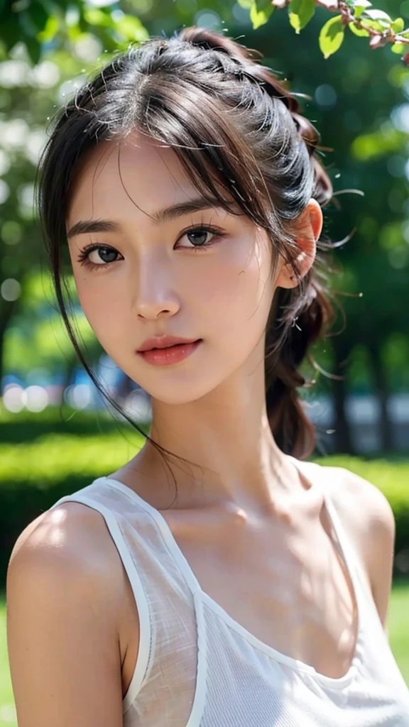 dress,outdoors,Urban Park,On the lawn,One woman,close up face,fully body photo,masutepiece, The highest image quality, High quality, the background is clear，Beautiful woman, Japanese, Detailed, Ultra-detailed, finely detail, hight resolution, 8K Wallpaper, Perfect dynamic composition, Beautiful detailed eyes ,Detailed eyes, Detailed skin, Beautiful skin, 超hight resolution, (reality: 1.4),Very beautiful woman, Slightly younger face, Beautiful skin, slender, (Ultra photo realsisim), (hight resolution), (8K), (Very detailed) (beautifully detailed eyes), (super detailed),   (Detailed face), view the viewer, Fine details, Detailed face, Staring straight ahead, Staring straight ahead, photos realistic, Bright lighting, Professional Lighting, Black hair,poneyTail,a baby face,sixteen years old,Hairstyle: ponytail,Long ponytail hairstyle,slight smile,