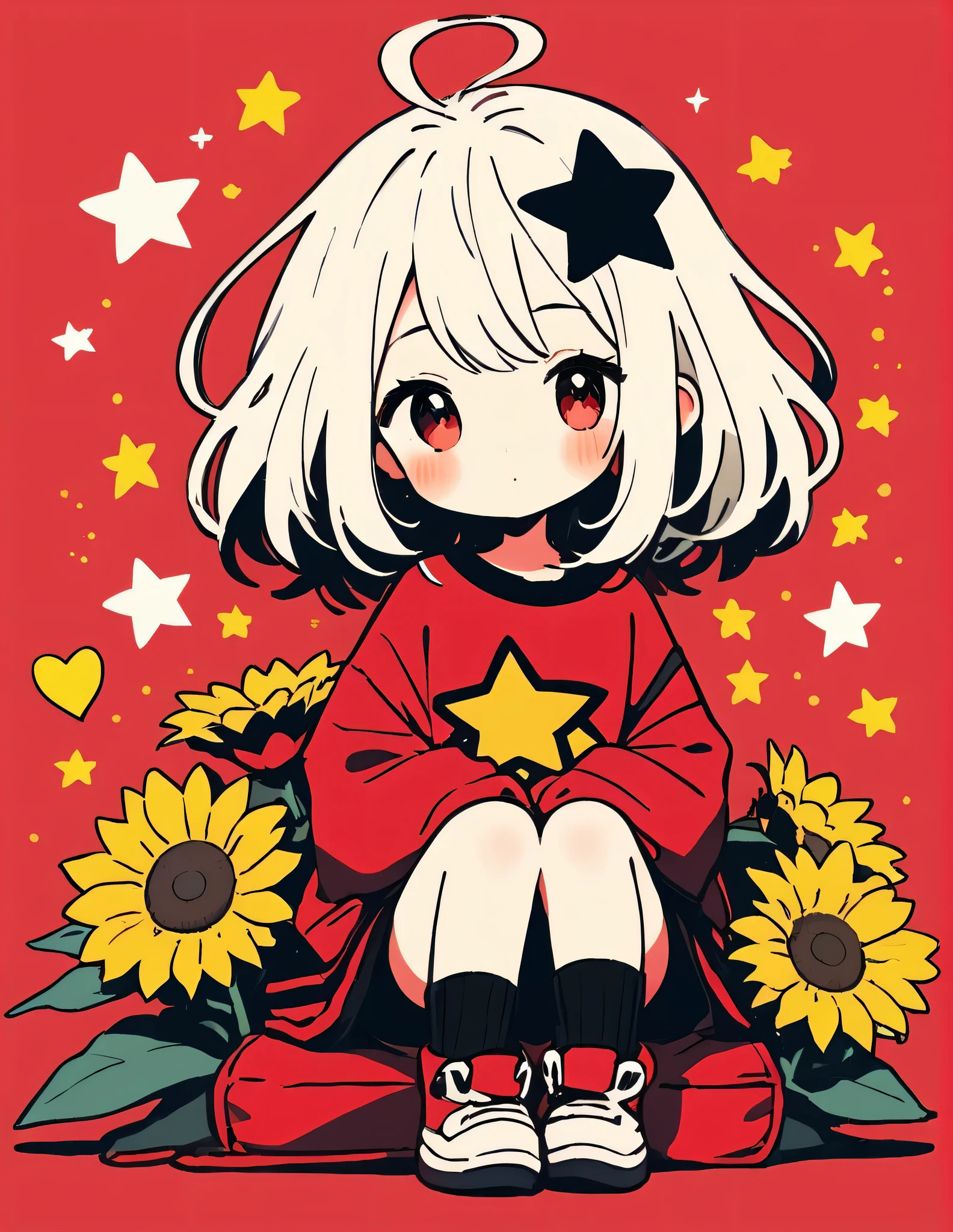 Black Star Red and White style, Simple Line Initialism，Abstract art，Kawaii Design, The most beautiful girl of all time、chibi, The background is star dust, colorful hearts, sunflowers, (((nap)))