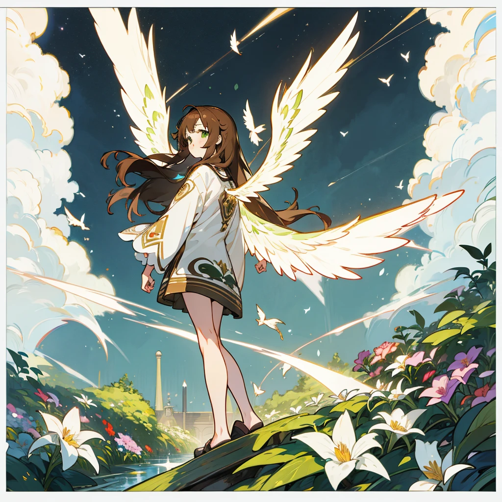 brown hair, long hair, straight hair, kawaii, anime, Cute, hyper quality, highly detailed, full body, 16k, green eyes, private clothes, wings of light on the back of body, one girl, nature background, moonlight, Meteor shower, light effects, one brown bird, highlight, flower garden, garden, Front facing