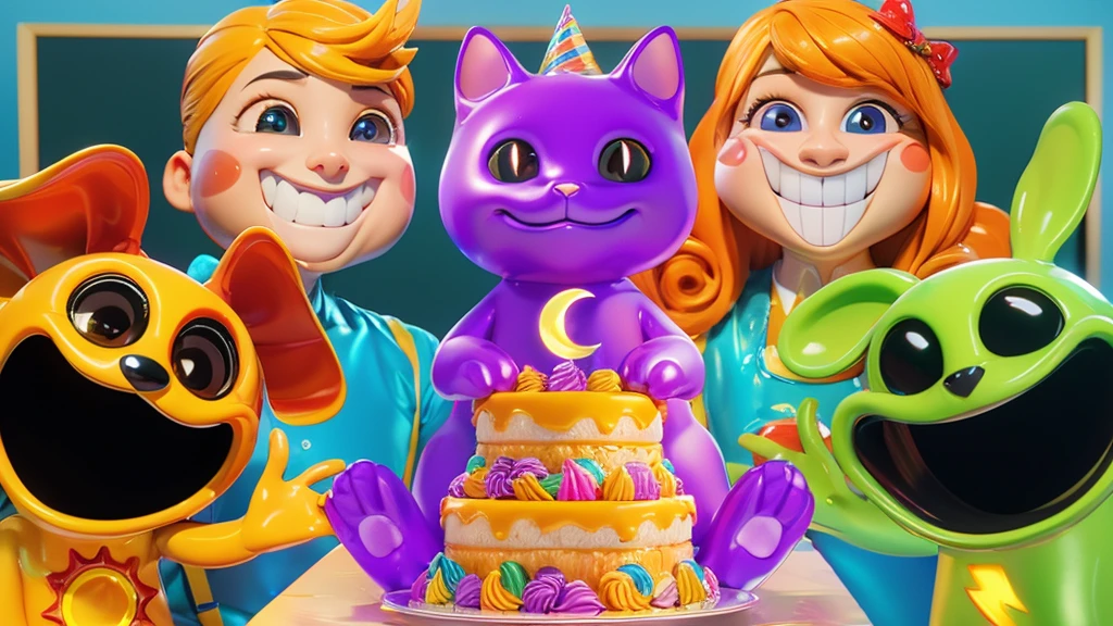 3d style, simplified design, 3d render, glossy texture, smooth 3d model, multiple light sources, rim light, sharp post effects render, (glossy plastic texture with multiple big light probe refractions), perfect cgi, smooth silhouette, high intensity refraction, (super glossy material), most beautiful vfx , blue background, plastic refractions, realistic, 4k, high resolution, rim light, photo shoot, commercial photo, profile shot, 4k, rim light, high resolution, 4k, glossy texture, smooth 3d model, multiple light sources, rim light, sharp post effects render, (glossy metallic texture with multiple big light probe refractions), perfect cgi, cgi art created only with gradients, smooth silhouette, high intensity refraction, (super glossy chrome material), most beautiful vfx, blue background, chrome metal refractions, multiple light sources, rim light, sharp post effects render, perfect cgi, digital art, detailed digital art, reflective, best quality, 4k, masterpiece:1.2, ultra-detailed, realistic, vivid colors, dark and moody lighting, The image of the highest quality, ensuring every detail is showcased perfectly. It in 4k resolution, allowing viewers to immerse themselves in the richness of the colors and intricate details. The realistic rendering. under the spotlight, reflecting, high-resolution image, realistic rendering, dark background, and rim light photorealistic The image features three characters standing in front of three houses. The characters are a red-haired mermaid, a purple cat, and an orange dog. They are each holding a yellow maraca