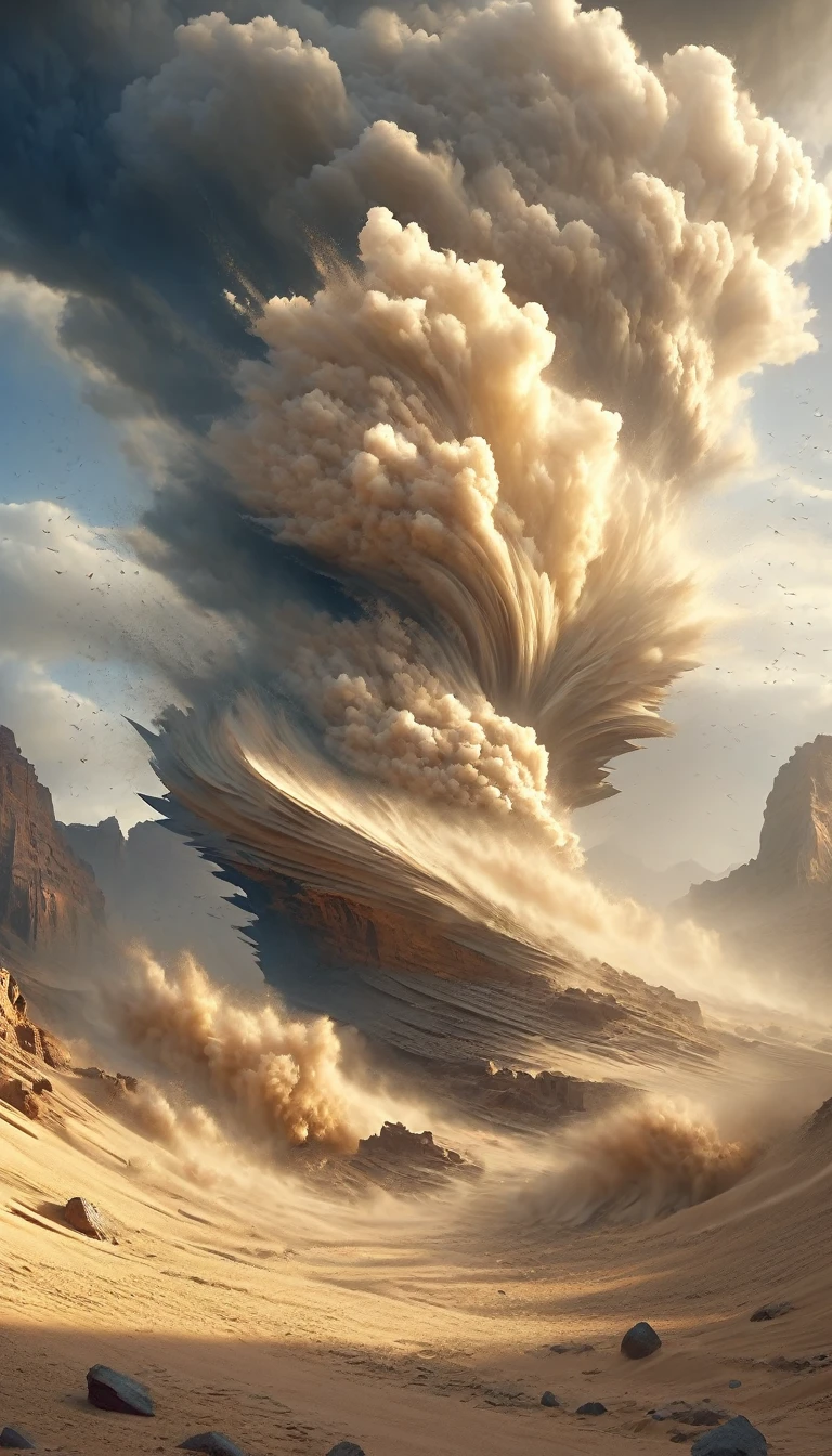 (Desert Canyon:1.5)，A narrow canyon in the middle of the desert,Sandstorm，tornado， in the style of photograph realistic landscapes, stone sculptures, Cabin Core, stone, in the style of photograph realistic landscapes, Cabin Core, Undulating waves,Decorative background, photograph realistic landscapes, Large canvas format, 32K Ultra HD, photograph, The best quality of imaginary landscapes,4K,8K,High resolution,masterpiece:1.2),Very detailed,(Actual,Realistically,Realistically:1.37),