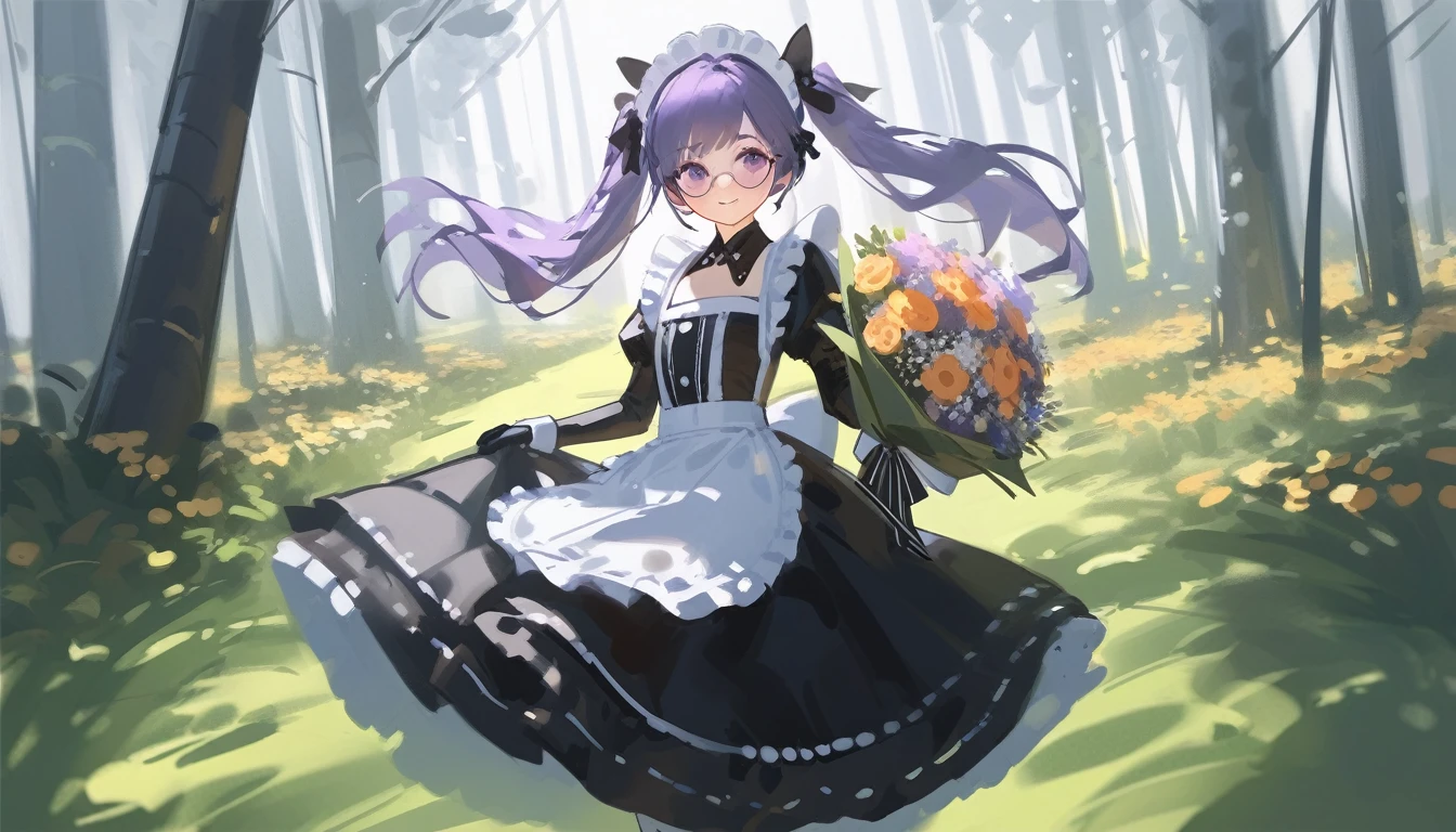 Ciloranko,  wlop, 1girl,  独奏,  flower,  bouquet,  purple eyes,  maid headdress,  looking at viewer,  maid,  apron,  full body, long hair, twintails,  holding,  white background,  long sleeves,  holding bouquet,  dress,  bow,  juliet sleeves,  puffy sleeves,  blush,  Spring Flowering Forest, parted lips,  frills,  ribbon,  two side up,  hair bow,  maid apron one girl, super high quality, Super Detail, Super Detailed image, long hair, looking at viewer, skirt, shirt, hair ornament, violet eyes,black gloves, round glasses, long sleeves,violet hair, round glasses, Flat Chest, smile