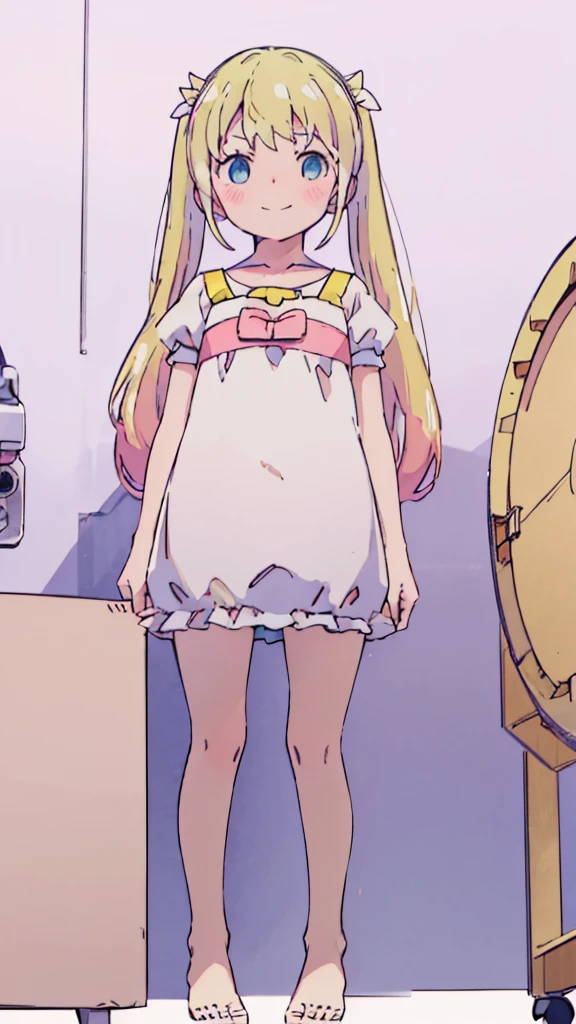 ((masterpiece))((Highest quality))girl、smile、blush、Flat Chest、Are thin、、low length、Blonde、Long twin tails、Embarrassed、Are standing、Angel clothes、Whole body image、Even your toes are visible、Eye level on face、front、No background、mayonnaise、真frontのアングル