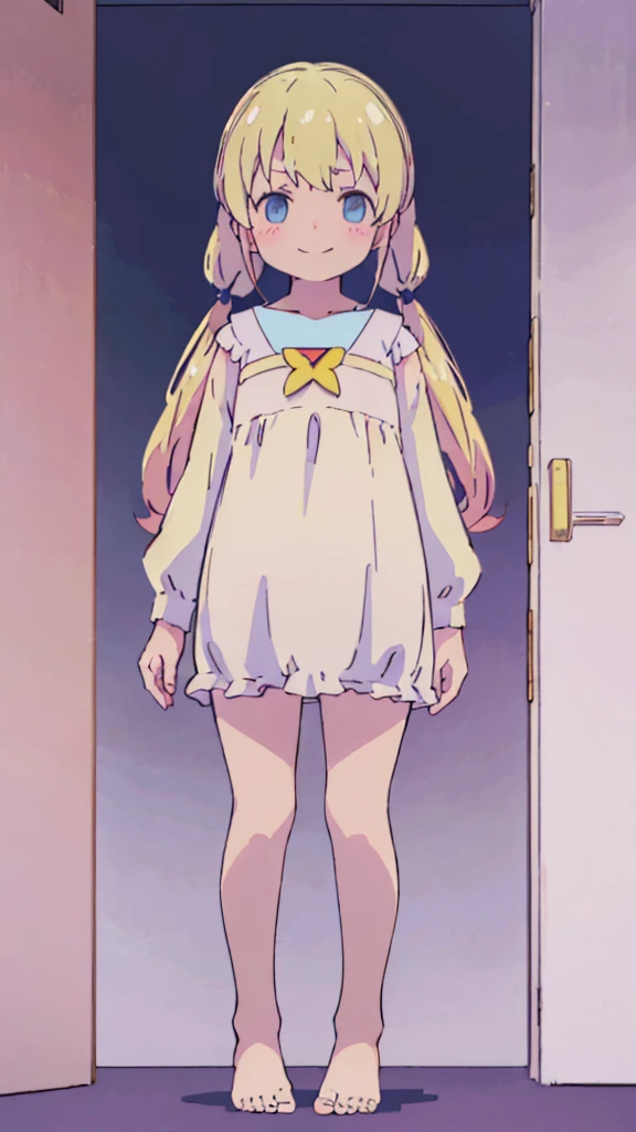 ((masterpiece))((Highest quality))girl、Laughing with your mouth open、blush、Flat Chest、Are thin、Blonde Hair、blush、Are standing、Whole body image、Eye level on face、、No background、Hair is two colors、Twin tails、Red Eyes、Two-tone red and yellow hair、Completely naked、Greeting with pussy