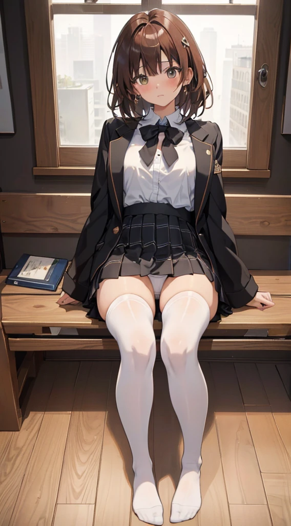 Highest quality, masterpiece, High resolution, (Head to Toe full body), front, frontやや下からの構図, Symmetric, Tall 18 year old girl, alone, (Head to Toe), (Small breasts), Unkempt brown hair, bangs, (black tights), (Black Pantyhose), (Sit with your legs apart), (Crouching pose), (Composition depicting white panties), (Her legs were spread、I see your white pants.), (I was made to sit on the floor with my legs spread...), (M-shaped feet), Thin legs, とても美しくTall 18 year old girl, (No shoes), blush, Shy big eyes, Looking into the camera, Blazer Uniform, Checkered Pleated Skirt