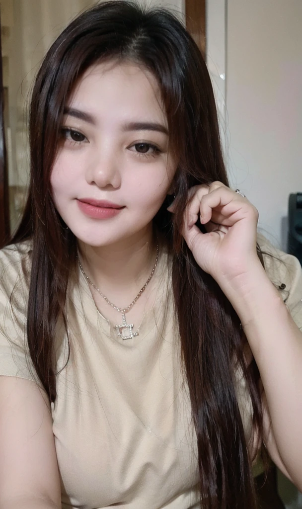 (Please generate an image of a young Filipina woman wearing a t shirt and a necklace. She has brown hair, big, black eyes, and a subtle, natural makeup look. The selfie should show her without visible makeup, and she should be looking directly into the camera. The face should appear realistically natural. The full-body shot of this attractive woman should feature a striking pose, and she has piercing black eyes. The girl has a sweet demeanor, and the pose should also be sweet. Please ensure that the entire body of the woman is visible in the image. The background should be clear and uncluttered. The details of the image should be of high quality(best quality)), ((masterpiece)), (detailed), perfect face, Filipina, pinay