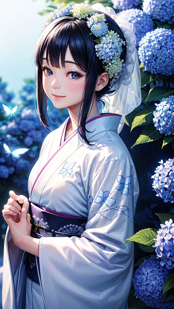 white without dirt Japanese kimono bride Apparition blue sky,Best Quality, Masterpiece, Ultra High Resolution, (Realisticity: 1.4), Original Photo, Cinematic Lighting,butterflyBackground,A kimono with a hydrangea pattern,blue sky,Smiling Hair is a simple black bob,