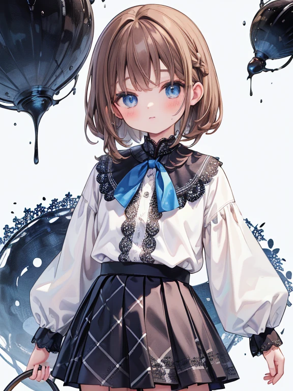 masterpiece, Highest quality, Very detailed, 16K, Ultra-high resolution, Cowboy Shot, 10-year-old girl, Detailed face, blue eyes, Brown Hair, (french braid), White blouse, sweater, Best, (Checkered lace skirt:1.4), (Abstract expressionism:1.2)