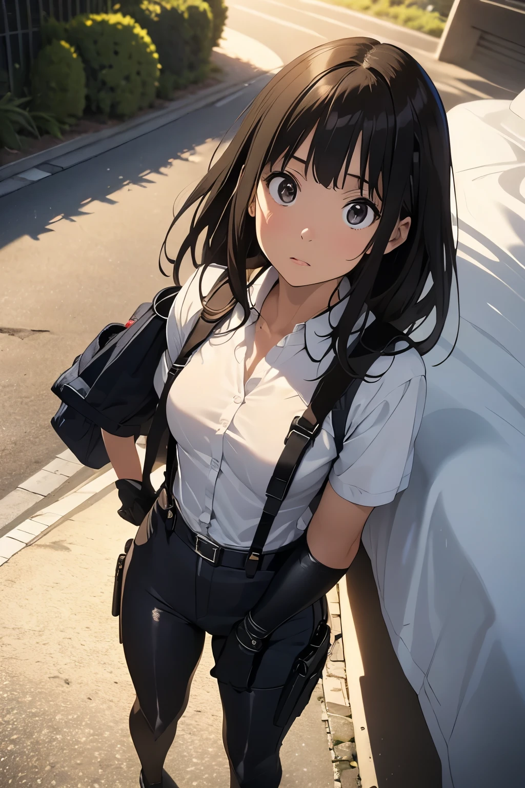 high quality, masterpiece, Ultra-high resolution, (realism: 1.4), Oil painting style, Cinema Lighting, I stood on the empty asphalt road and looked at it., , And the suspenders with the cranes flying　　　Moderate breasts　 　 　　　　Small face　 　　　holster　　　　　　　 Lying in bed　Looking up　　　　Sweat 　　　belt　summer　脇Sweat 　Black Hole Gloves　suit　shirt　　Black jacket　 Black trousers　Leg Links　ズボンにbelt　　holster　 　　Hands behind your back　 Anxious expression　Looking up　Anxious face, no resistance　Hands behind your back