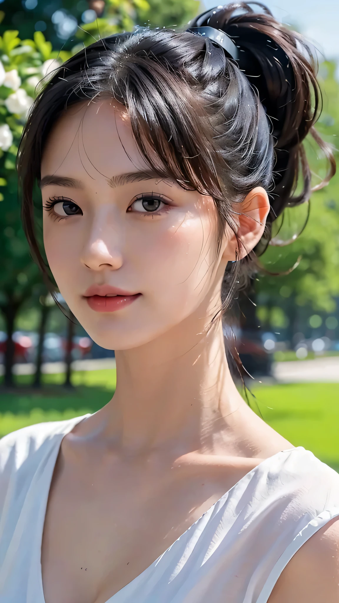 dress,outdoors,Urban Park,On the lawn,One woman,close up face,fully body photo,masutepiece, The highest image quality, High quality, the background is clear，Beautiful woman, Japanese, Detailed, Ultra-detailed, finely detail, hight resolution, 8K Wallpaper, Perfect dynamic composition, Beautiful detailed eyes ,Detailed eyes, Detailed skin, Beautiful skin, 超hight resolution, (reality: 1.4),Very beautiful woman, Slightly younger face, Beautiful skin, slender, (Ultra photo realsisim), (hight resolution), (8K), (Very detailed) (beautifully detailed eyes), (super detailed),   (Detailed face), view the viewer, Fine details, Detailed face, Staring straight ahead, Staring straight ahead, photos realistic, Bright lighting, Professional Lighting, Black hair,poneyTail,a baby face,sixteen years old,Hairstyle: ponytail,Long ponytail hairstyle,slight smile,