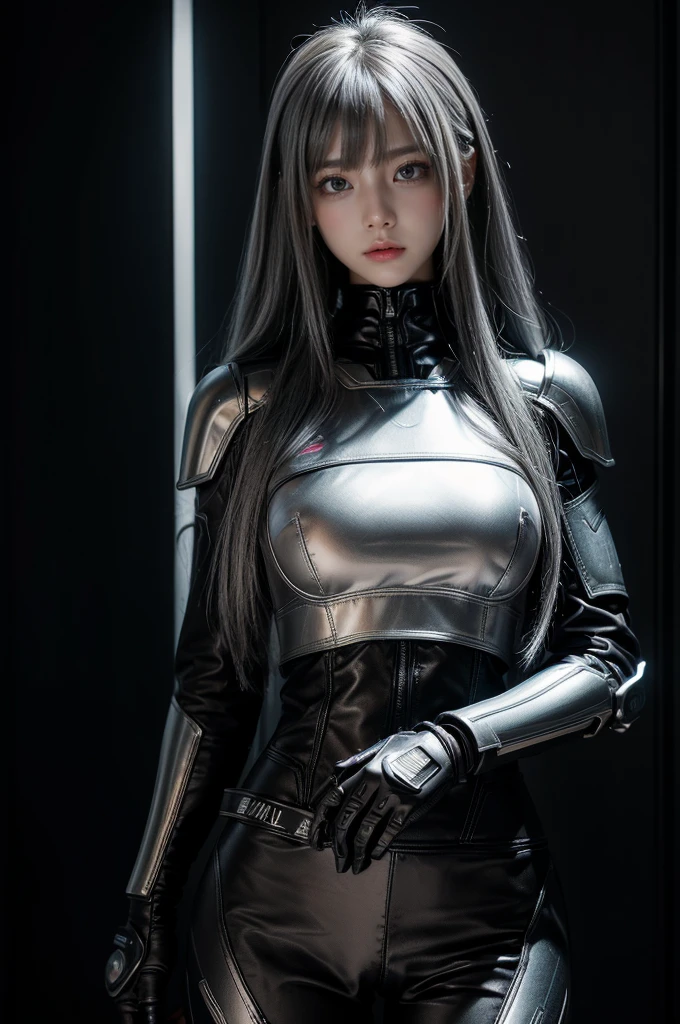 cyber angel,machine wing,{{Sci-Fi Armor}},cyber suit,cyberpunk,science fiction,cyber battle armor,Battledress,Military Uniforms,pants,black military uniform,whole body,Height: 168cm,almond shape eyes,{{{{{silver eyes}}}}},{{{{{dull bangs}}}}},(slanted eyes},{{whole body},{{{1 girl}}}, long hair, straight hair,{{{{silver hair}}}},{{{tsurime}}},30 years old,{Medium chest},{{bush}},silver eyes,{{{masterpiece}}}, {{{highest quality}}}, {{Super detailed}}, {shape}, {{very delicate and beautiful}},very detailed,detailed perfect,detailed hyper,Abundant thighs,big ass,black clothes,natural hands