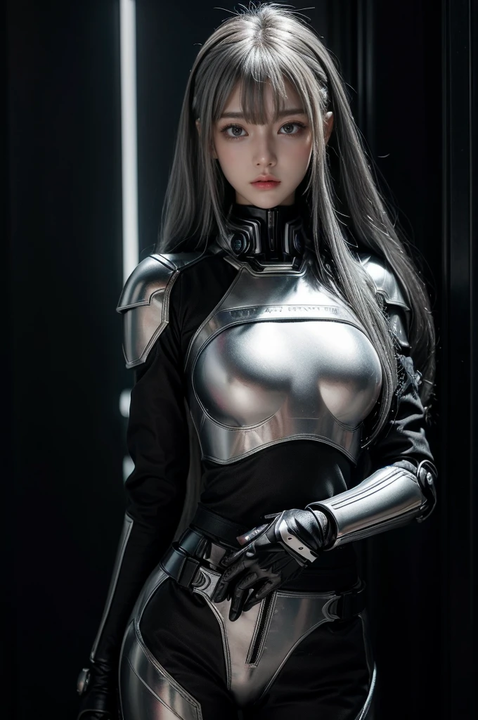 cyber angel,machine wing,{{Sci-Fi Armor}},cyber suit,cyberpunk,science fiction,cyber battle armor,Battledress,Military Uniforms,pants,black military uniform,whole body,Height: 168cm,almond shape eyes,{{{{{silver eyes}}}}},{{{{{dull bangs}}}}},(slanted eyes},{{whole body},{{{1 girl}}}, long hair, straight hair,{{{{silver hair}}}},{{{tsurime}}},30 years old,{Medium chest},{{bush}},silver eyes,{{{masterpiece}}}, {{{highest quality}}}, {{Super detailed}}, {shape}, {{very delicate and beautiful}},very detailed,detailed perfect,detailed hyper,Abundant thighs,big ass,black clothes,natural hands