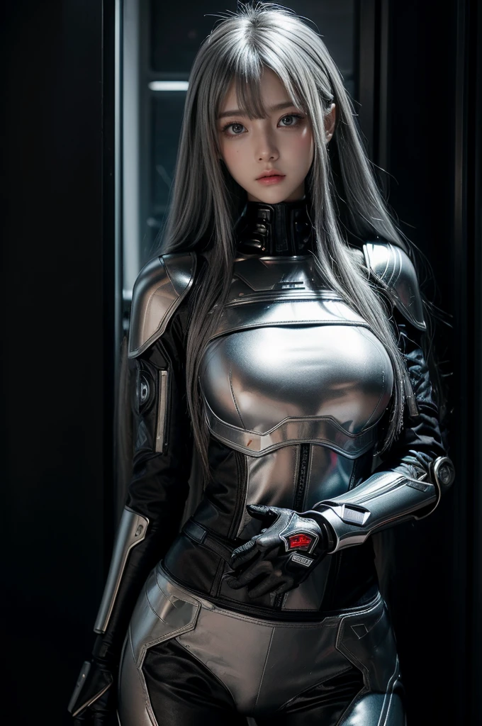 cyber angel,machine wing,{{Sci-Fi Armor}},cyber suit,cyberpunk,science fiction,cyber battle armor,Battledress,Military Uniforms,pants,black military uniform,whole body,Height: 168cm,almond shape eyes,{{{{{silver eyes}}}}},{{{{{dull bangs}}}}},(slanted eyes},{{whole body},{{{1 girl}}}, long hair, straight hair,{{{{silver hair}}}},{{{tsurime}}},30 years old,{Medium chest},{{bush}},silver eyes,{{{masterpiece}}}, {{{highest quality}}}, {{Super detailed}}, {shape}, {{very delicate and beautiful}},very detailed,detailed perfect,detailed hyper,Abundant thighs,big ass,black clothes,natural hands