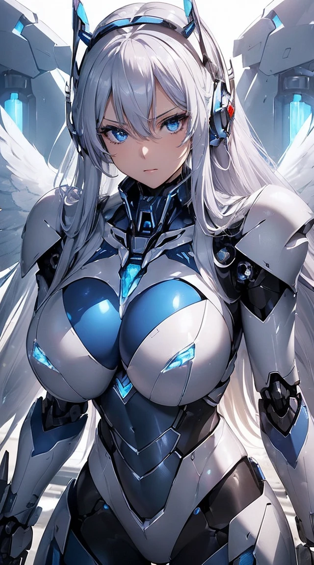 ((Intense action pose:1.6))、((Shining lenses on both breasts:1.3))、((Blue pillars of light are emanating from both chests.:1.3))、smile、((8K)), ((32k)), ((Highest quality)), ((masterpiece)), ((超A high resolution)), ((Tmasterpiece)), ((Halation:1.4))、((Mechaニカルheadgear:1.2))、((Cyber Headphones:1.3))、Fine skin, High quality fabric, Fine metal texture、((Beautiful and dense face))、RAW Photos、Professional, Ultra-fine painting, ((alone)), Beautiful breasts、Highest quality, Very detailed, Very detailed詳細, Finer details, so beautiful, ((Princess Knight Robot:1.2)), (Joints of machines, Mechanical Limbs:1.3), (The internal structure of the machine is exposed:1.3), (Long silver hair:1.1), (Beautiful and huge mechanical breasts)、White Veil, cowboy_shot, Side Focus, headgear, Shiny、(Five Fingers, Four fingers and thumb),Concept Art, Anime fantasy artwork, Detailed fantasy art, (with pale blue-violet hair and large white wings,,,,,,,), (((Long silver hair))), (Mecha:1.6)、Sleek and intimidating design, ((Commander-in-Chief'arm)), (Perfect robot body)、純白と青紫armまたは, Symmetrical wings, 8K high quality, detailed art, 3D rendering of character art in 8K, neat legs, Defined, Defined fingers,