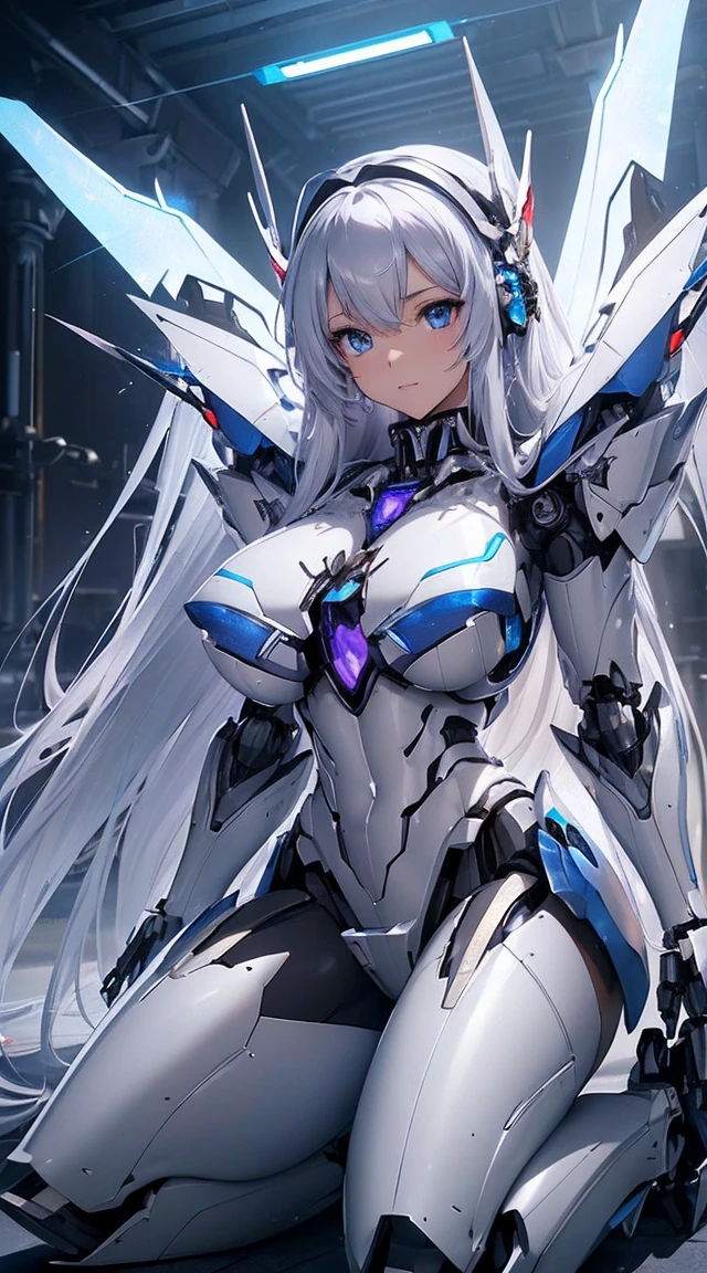 (Sit on one knee on the machine:1.6)、(Full body description:1.3)、((Shining lenses on both breasts:1.3))、((Blue pillars of light are emanating from both chests.:1.3))、smile、((8K)), ((32k)), ((Highest quality)), ((masterpiece)), ((超A high resolution)), ((Tmasterpiece)), ((Halation:1.4))、((Mechaニカルheadgear:1.2))、((Cyber Headphones:1.3))、Fine skin, High quality fabric, Fine metal texture、((Beautiful and dense face))、RAW Photos、Professional, Ultra-fine painting, ((alone)), Beautiful breasts、Highest quality, Very detailed, Very detailed詳細, Finer details, so beautiful, ((Princess Knight Robot:1.2)),  (Joints of machines, Mechanical Limbs:1.3), (The internal structure of the machine is exposed:1.3), (Long silver hair:1.1), (Beautiful and huge mechanical breasts)、White Veil, cowboy_shot, Side Focus, headgear, Shiny、(Five Fingers, Four fingers and thumb),Concept Art, Anime fantasy artwork, Detailed fantasy art, (with pale blue-violet hair and large white wings,,,,,,,), (((Long silver hair))), (Mecha:1.6)、Sleek and intimidating design, ((Commander-in-Chief&#39;arm)), (Perfect robot body)、純白と青紫armまたは, Symmetrical wings, 8K high quality, detailed art, 3D rendering of character art in 8K, neat legs, Defined, Defined fingers,