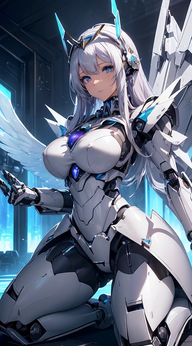 (Sit on one knee on the machine:1.6)、(Full body description:1.3)、((Shining lenses on both breasts:1.3))、((Blue pillars of light are emanating from both chests.:1.3))、smile、((8K)), ((32k)), ((Highest quality)), ((masterpiece)), ((超A high resolution)), ((Tmasterpiece)), ((Halation:1.4))、((Mechaニカルheadgear:1.2))、((Cyber Headphones:1.3))、Fine skin, High quality fabric, Fine metal texture、((Beautiful and dense face))、RAW Photos、Professional, Ultra-fine painting, ((alone)), Beautiful breasts、Highest quality, Very detailed, Very detailed詳細, Finer details, so beautiful, ((Princess Knight Robot:1.2)),  (Joints of machines, Mechanical Limbs:1.3), (The internal structure of the machine is exposed:1.3), (Long silver hair:1.1), (Beautiful and huge mechanical breasts)、White Veil, cowboy_shot, Side Focus, headgear, Shiny、(Five Fingers, Four fingers and thumb),Concept Art, Anime fantasy artwork, Detailed fantasy art, (with pale blue-violet hair and large white wings,,,,,,,), (((Long silver hair))), (Mecha:1.6)、Sleek and intimidating design, ((Commander-in-Chief&#39;arm)), (Perfect robot body)、純白と青紫armまたは, Symmetrical wings, 8K high quality, detailed art, 3D rendering of character art in 8K, neat legs, Defined, Defined fingers,