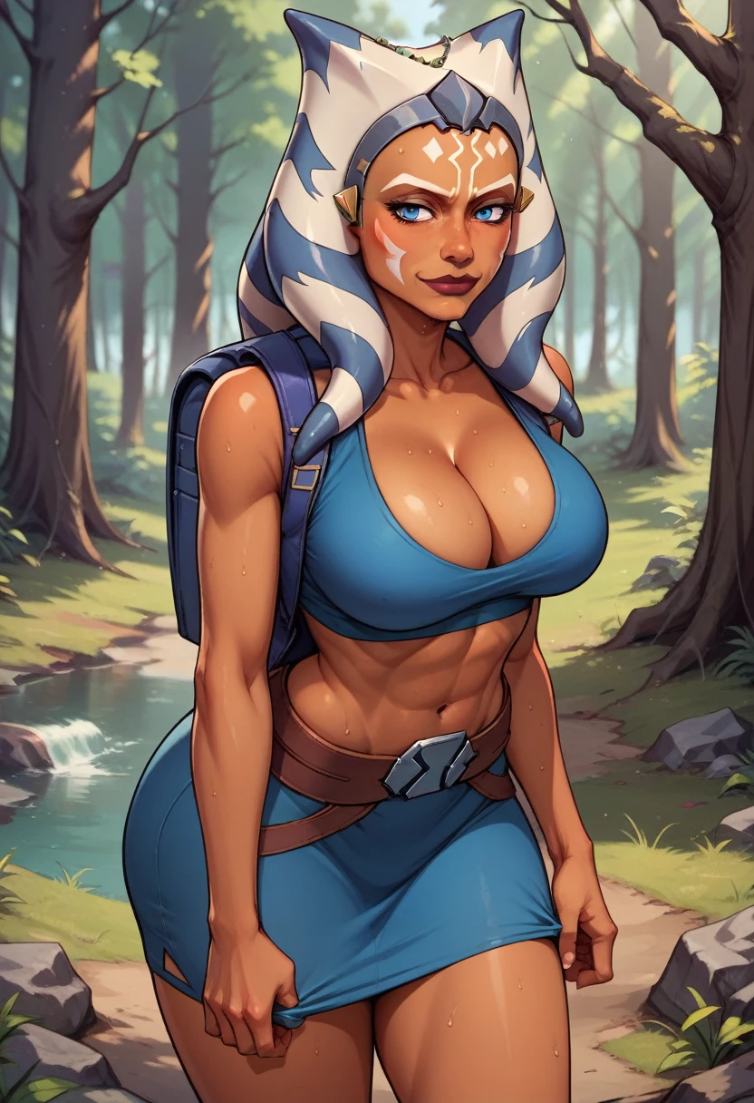 score_9, score_8_up, score_7_up, score_6_up, BREAK Ahsoka, wearing jedi robes, backpack, cleavage, big breasts, seductive smirk,sweating, wide hips, big ass, in a forest, tugging at clothes