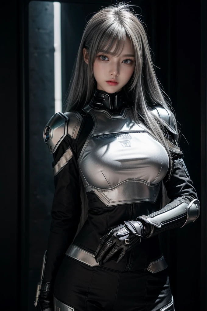 cyber angel,machine wing,{{Sci-Fi Armor}},cyber suit,cyberpunk,science fiction,cyber battle armor,Battledress,Military Uniforms,pants,black military uniform,whole body,Height: 168cm,almond shape eyes,{{{{{silver eyes}}}}},{{{{{dull bangs}}}}},(slanted eyes},{{whole body},{{{1 girl}}}, long hair, straight hair,{{{{silver hair}}}},{{{tsurime}}},30 years old,{Medium chest},{{bush}},silver eyes,{{{masterpiece}}}, {{{highest quality}}}, {{Super detailed}}, {shape}, {{very delicate and beautiful}},very detailed,detailed perfect,detailed hyper,Abundant thighs,big ass,black clothes,natural hands
