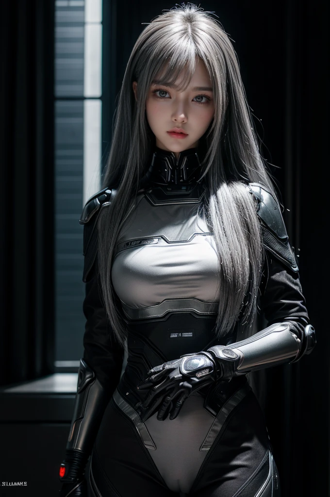 cyber angel,machine wing,{{Sci-Fi Armor}},cyber suit,cyberpunk,science fiction,cyber battle armor,Battledress,Military Uniforms,pants,black military uniform,whole body,Height: 168cm,almond shape eyes,{{{{{silver eyes}}}}},{{{{{dull bangs}}}}},(slanted eyes},{{whole body},{{{1 girl}}}, long hair, straight hair,{{{{silver hair}}}},{{{tsurime}}},30 years old,{Medium chest},{{bush}},silver eyes,{{{masterpiece}}}, {{{highest quality}}}, {{Super detailed}}, {shape}, {{very delicate and beautiful}},very detailed,detailed perfect,detailed hyper,Abundant thighs,big ass,black clothes,natural hands