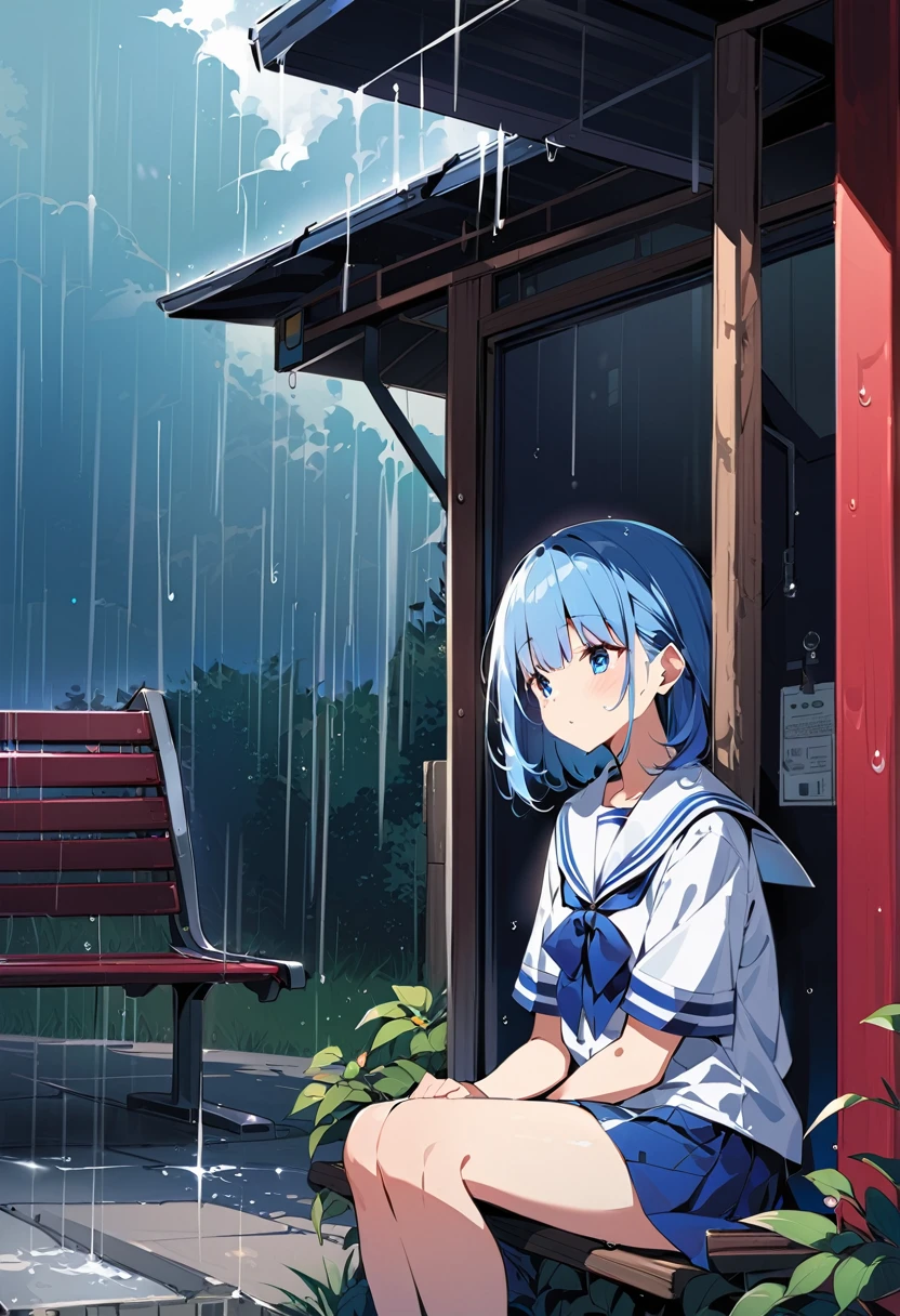 Huge 、 Summer rural bus stop、sit on a bench、 Sheltering from the Rain、 Sailor suit、 Shyness、 Glare、 Cover your chest with your hands、Wet、heavy rain、ずぶWet、Rainy Sky