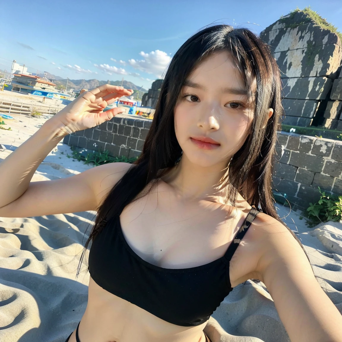 Beautiful 18 year old girl on the beach,Full body angle、 A light smile,Black Hair, Pale skin,(Ukrainian:Russia:0.5),white bikini set, Middle chest, sexy, swimming, deep sea, (In the background a wild and mysterious beach:1.3), break,(最high quality, masterpiece:1.2),shoot (Skin with attention to detail:1.2), 8K Ultra HD, Digital SLR, Modest, high quality, Film Grain, Fujifilm XT3, Lighting glow effect, No retouching, Raw photo real, The skin texture is very fine ,No makeup,