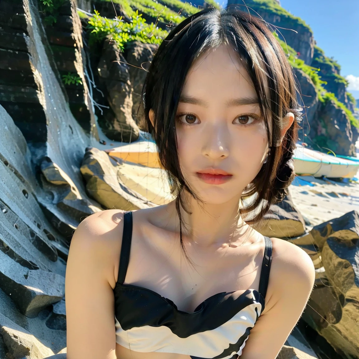 Beautiful 18 year old girl on the beach,Full body angle、 A light smile,Black Hair, Pale skin,(Ukrainian:Russia:0.5),white bikini set, Middle chest, sexy, swimming, deep sea, (In the background a wild and mysterious beach:1.3), break,(最high quality, masterpiece:1.2),shoot (Skin with attention to detail:1.2), 8K Ultra HD, Digital SLR, Modest, high quality, Film Grain, Fujifilm XT3, Lighting glow effect, No retouching, Raw photo real, The skin texture is very fine ,No makeup,