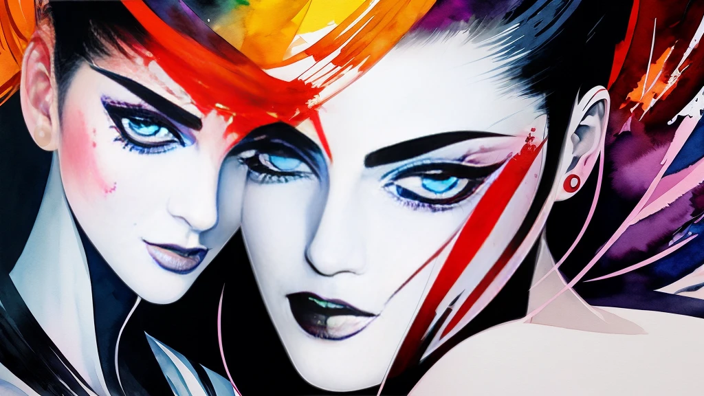 Painting of a woman with a black and white face, Sylvia Pelissero watercolors, tumbler, Abstract art, Intense watercolor, Watercolor detailed art, Watercolor splash, Surreal, Avant-garde pop art, Beautiful and expressive paintings, Beautiful artwork illustration, Very colorful tones, wonderful, Cool Beauty, Highest quality,Official Art, women only, Sharp contours, Best Shot, Vector art, By Sandra Chevrier, Dave McCain、Richard Avedon、By Makiej Kusiala