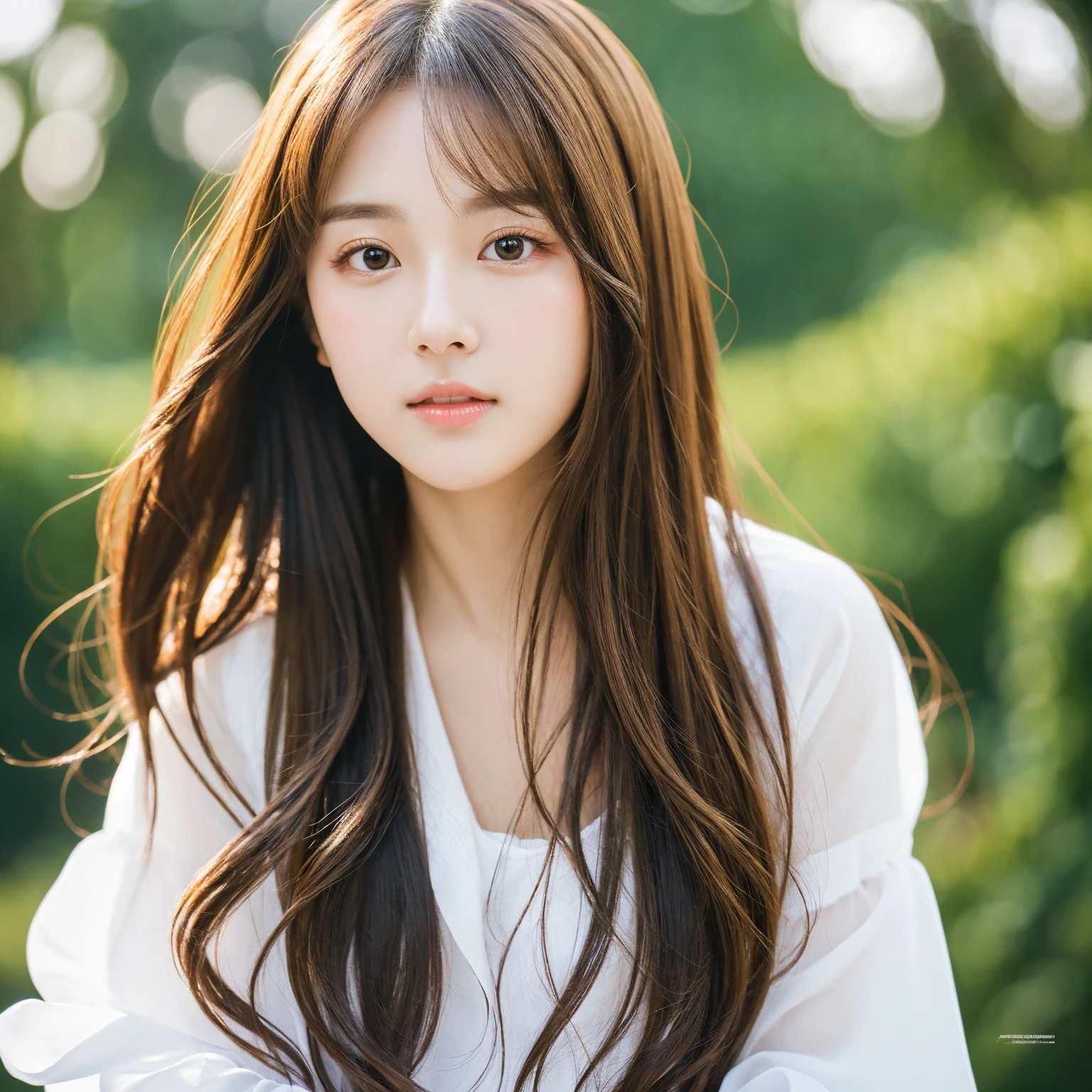 Background white　Highest quality: 1.4　 (One girl), Beautiful Face, (Realistic Face), Long Hair, Beautiful hairstyle, Realistic eyes, Beautiful attention to detail, (Realistic Skin), Beautiful Skin,  , Charm, Ultra-high resolution, Ultra-realistic, Very detailed, Golden Ratio　Korean Idol　cute