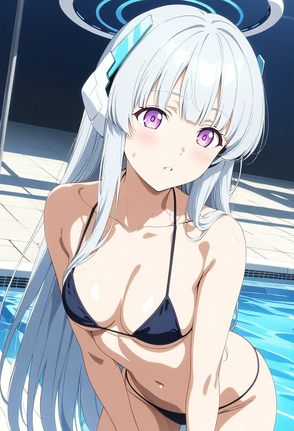 best quality, amazing quality, very aesthetic, absurdres, (1girl, noa, blue archive, solo, purpel eyes), (realistic face:0.9),(string bikini:1.8), (glare, blush, thigh:1.3), (cowboy shot), (glowing eyes), (half closed eyes:0.9), (Soft Light:1.7), (official art:1.3), (pool), expressive eyes, perfect face, extremely detailed eyes, perfect anatomy, smooth skin, (pool background:1.5), clear eyes, beautiful face, medium breasts, (anime style:1.7), (highres:2), (Chiaroscuro),
