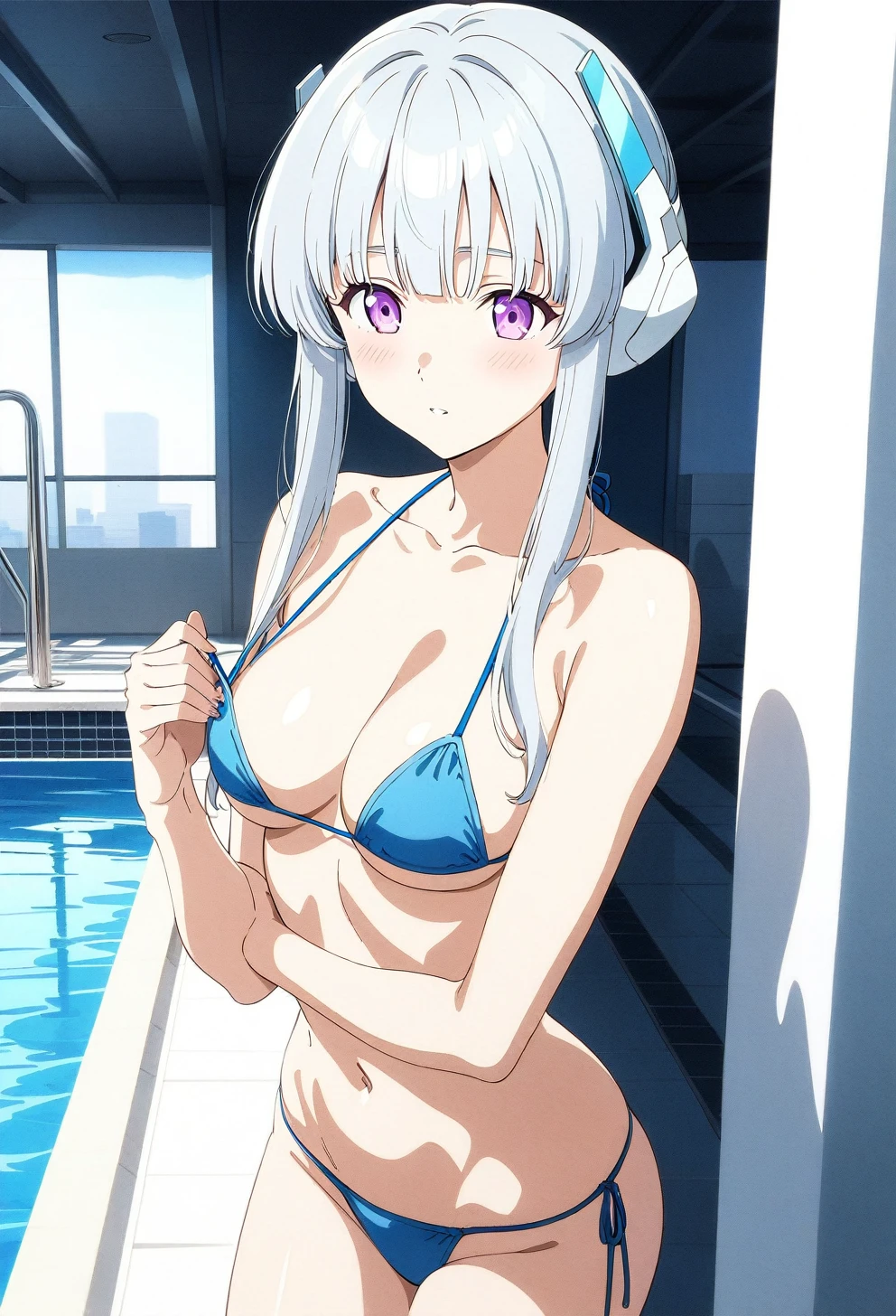 best quality, amazing quality, very aesthetic, absurdres, (1girl, noa, blue archive, solo, purpel eyes), (realistic face:0.9),(string bikini:1.8), (glare, blush, thigh:1.3), (cowboy shot), (glowing eyes), (half closed eyes:0.9), (Soft Light:1.7), (official art:1.3), (pool), expressive eyes, perfect face, extremely detailed eyes, perfect anatomy, smooth skin, (pool background:1.5), clear eyes, beautiful face, medium breasts, (anime style:1.7), (highres:2), (Chiaroscuro),