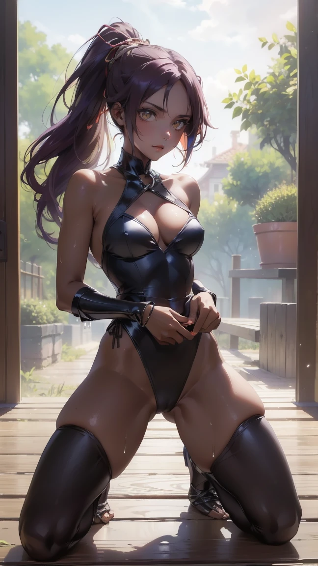 (masterpiece), Highest quality, Expressive eyes, Perfect Face, View your viewers, One girl, alone, Mature Woman, Mouth closed, (((Dark skinned women))), (((Dark Skin))), (leotard), (White cloth), Elbow hand pockets, Bare shoulders, clavicle, Yellow Eyes, Purple Hair, Long Hair, ponytail,Yoruichi、(((Sweating with aphrodisiac、Sweat makes the fabric transparent and your skin is visible through it,The aphrodisiac circulates throughout the body、Have patience、On the brink of climax、Constraints、ロープによるConstraints、Constraints、Kneel,Hands tied behind back、Chained with an iron collar)))