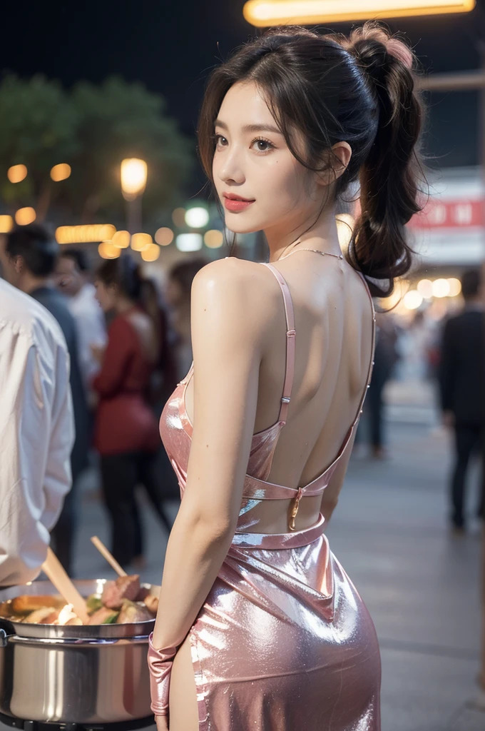 (((best quality))),(((ultra detailed))),(((masterpiece))),illustration,((1 beautiful girl,solo)),((slim,thin)),((bare back,towering hips,butt crack)),summer night,metropolis,barbecue joint,humble,vibrant energy,city that never sleeps,(short ponytail:1.2),(((female orgasmic,blush))),(sweat:1.3),(shiny skin:1.5),(sheer apron:1.3),((bare shoulders,bare arms)),(gloves:1.3),(slender legs:1.2),lightweight,practicality,style,sizzling hot grill,smooth,tanned skin,soft glow,skillfully,skewers,meat,intense concentration,bright eyes,alert,passion for work,atmosphere,vibrant,dynamic,laughter,conversation,sizzle,crackle,aromatic scent,tinged,radiant smile,genuine enjoyment,easy manner,warm presence,community,dedication,beauty in simplicity,midst of bustling city streets,outdoor,midnight,((from back,upper body)),(surrounded by crowded crowds:1.3)