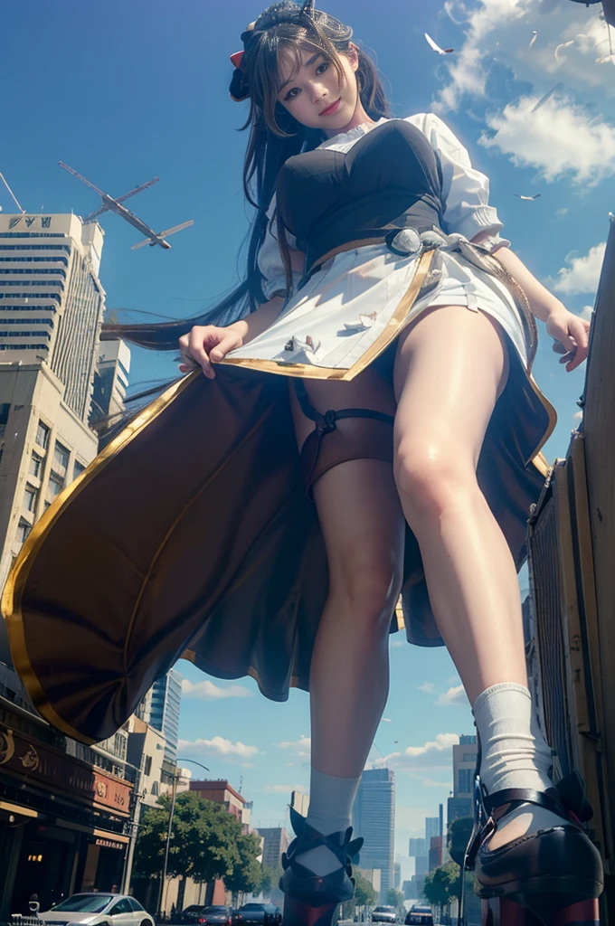 Urban hustle and bustle、Traffic jam、street tree、((((Azur Lane Cheshire))))、Maid clothes、Super huge breasts、Plump thighs、Ground View，City of Giants,500 foot tall giant girl，skyscraper,Has super long legs,Step into the crowd，There are many people on the street,Knee-high socks，She has waist-length black hair，Wear Mary Jane heels，A happy look，Standing on the ruins，Beautiful appearance，Exquisite makeup，quality，8K，高quality，Perfect Proportions, Cinema Lighting，Film Grain，The Colors of Fuji，8K，Textured skin，Super Detail，High detail，high quality，High resolution，explode，False Smile,Show your pants