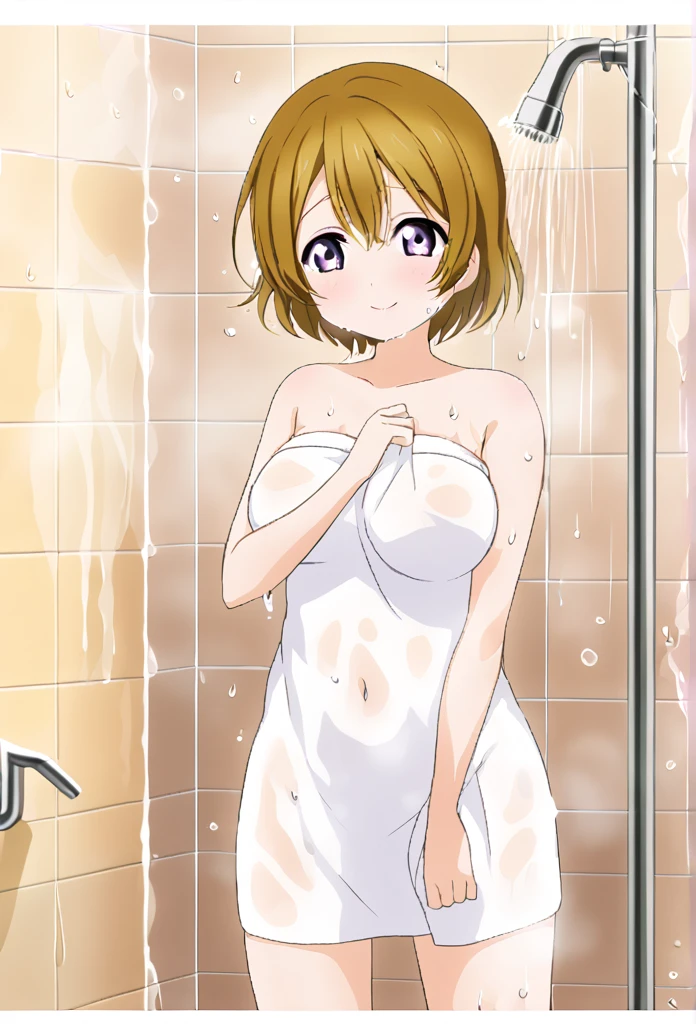 Hanayo Koizumi Shaggy Bob Purple eyes Yellow-brown hair Large Breasts Wrap a bath towel around your body shower room I take a shower smile Soaking wet