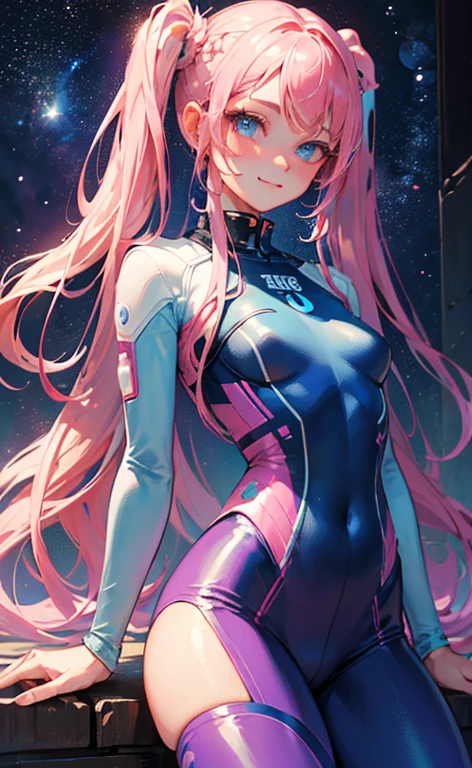 (masterpiece, top quality, very aesthetic, 4k、illustration), intricate detail, 1girl,Sit leaning against a wall、(cowboy shot)、light smile、(sideburns)、
Cute 、pink hair、twintails,middle hair,sidelock ,high ,blue eyes、Space suit, tights suit、small breasts,Slim 、Q version