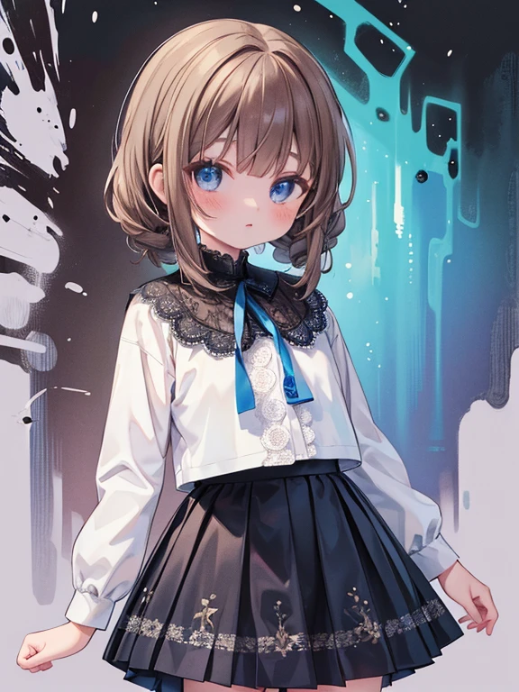 masterpiece, Highest quality, Very detailed, 16K, Ultra-high resolution, Cowboy Shot, , Detailed face, blue eyes, Brown Hair, Mega Twin Drill, White blouse, sweater, Best, (Checkered lace skirt:1.4), (Abstract expressionism:1.2)