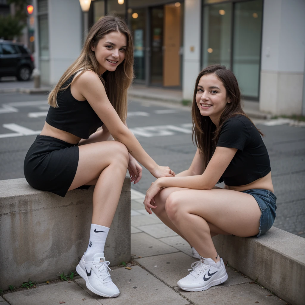 ((best quality)), ((masterpiece)), (detailed), one girl with long blond hair, laugh in night street, black crop top, black skirt, sitting on wall, beautiful legs, nike shoes, high socks, tublr pose, side view