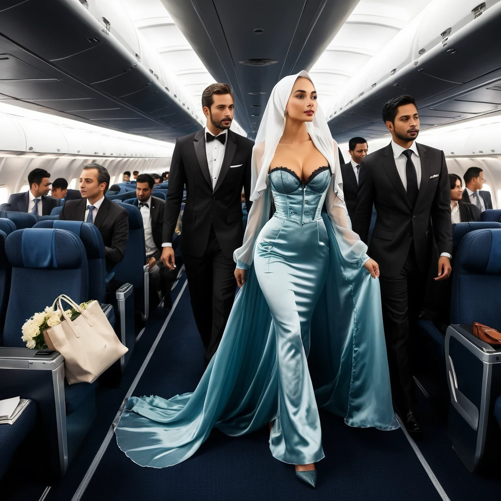 A woman secretary in the translucent night gown, wear corset with bra expose, wear blazer,wearing satin hijab, full body,mermaid tight long gown, flowy dramatic long gown,very long flor length gown, tall women, walk in the airplane coridor, between passanger, in the middle of the crowd, walking in a hurry,carry a bag, making a telephone call
 sexy face, sexy pose, wear high heels, masterpice, hyper realistic