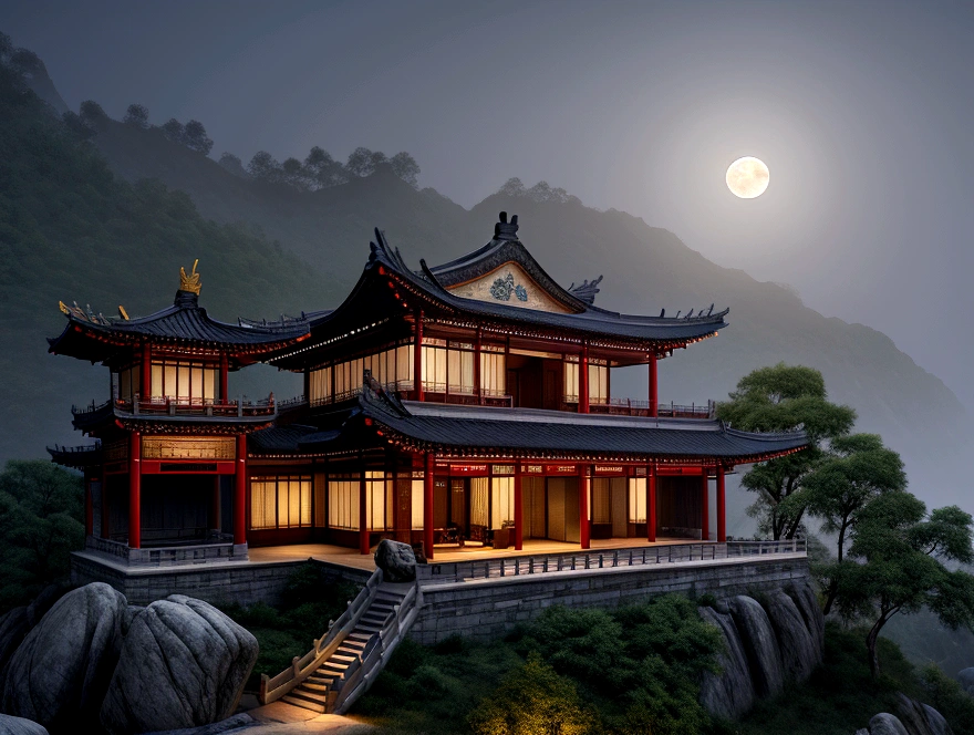 a landscape high rocks, at the bottom is a traditional Chinese house and its ornaments. full moon, dark, foggy. high quality, very detailed. 8K ultra hd