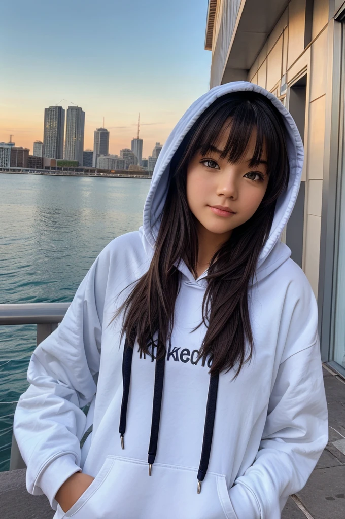 Simple girl wearing hoodie and taking selfie