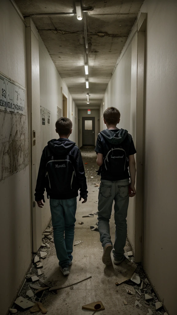 2  boys are walking on corridor of abandoned building. In night. Creepy looking corridor. Back short
