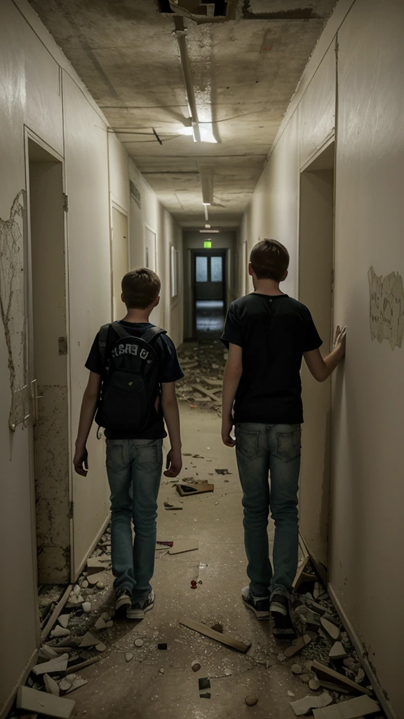 2 teenage boys are walking on corridor of abandoned building. In night. Creepy looking corridor. Back short