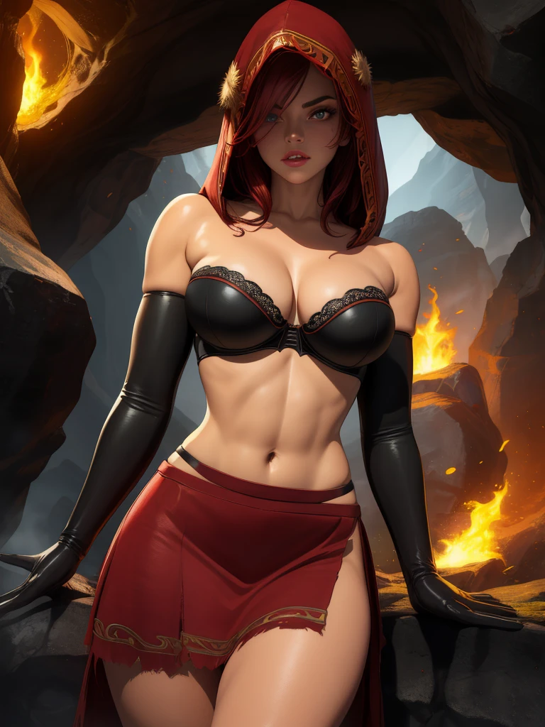 Dsorceress, redhair, shadowy face,dark cave, fire, hood, shadowed face, strapless bra, slim and athletic body, miniskirt, no panty, elbow gloves, dark skin, 1 girl (insanely detailed, masterpiece, best quality)