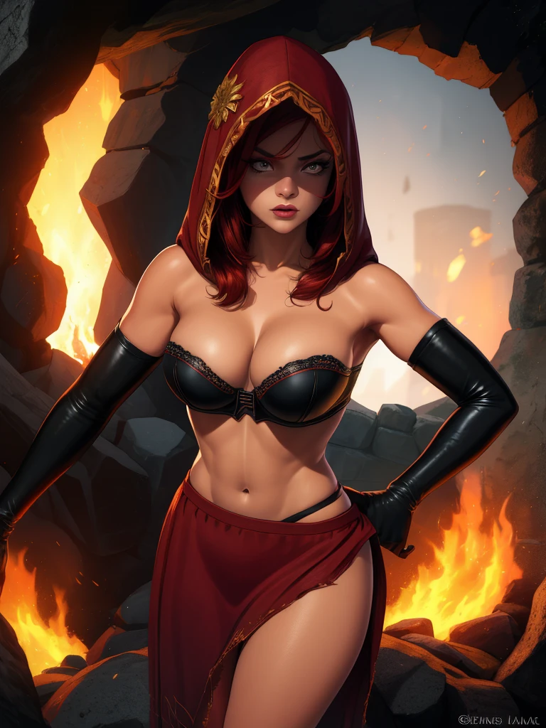 Dsorceress, redhair, shadowy face,dark cave, fire, hood, shadowed face, strapless bra, slim and athletic body, miniskirt, no panty, elbow gloves, dark skin, 1 girl (insanely detailed, masterpiece, best quality)