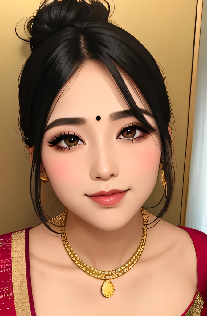 Sexy woman, black hair tied in a bun, smokey eyes, eyeliner, blushing intensely, fairest skin, plump face, soft lips, gold blouse, white saree with gold borders, pinned against a wall